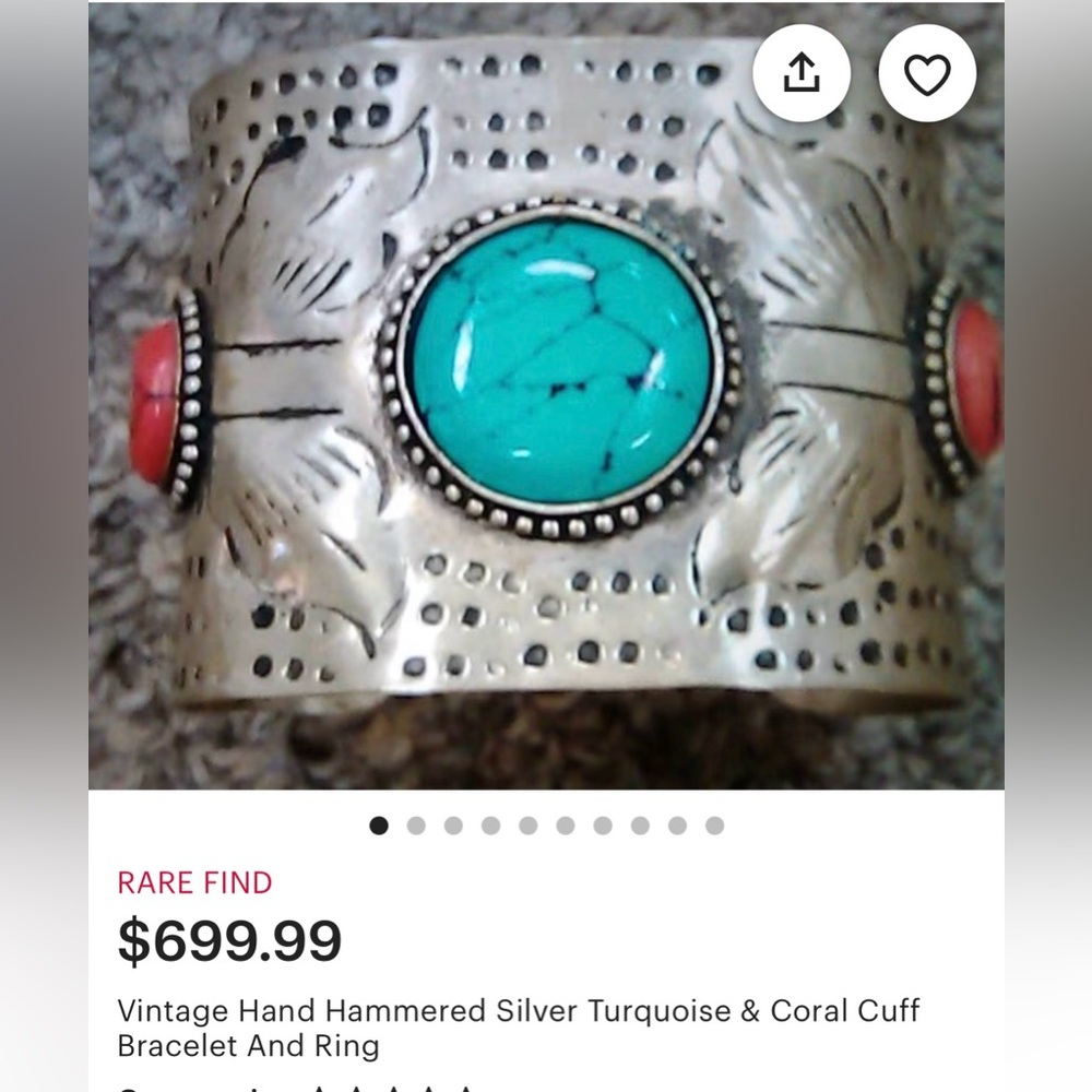 Stamped Silver Tone Wide Cuff Bracelet Native Floral Design Stones vintage - Picture 14 of 15